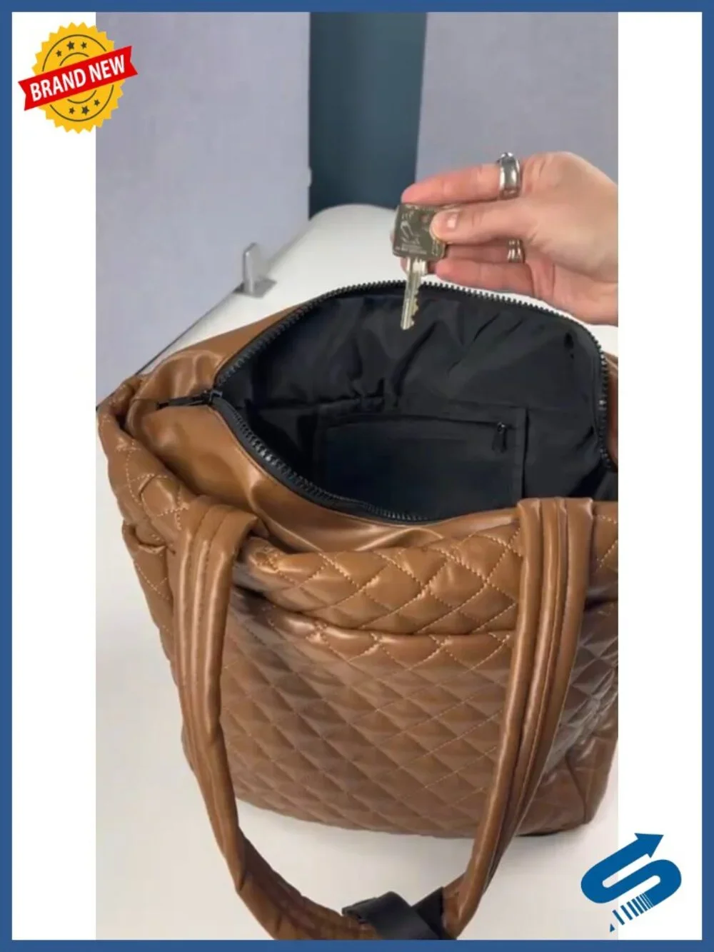 Quilted Tote Bag with Padded Strap, Luggage Sleeve, Hidden Phone Pocket, 18L